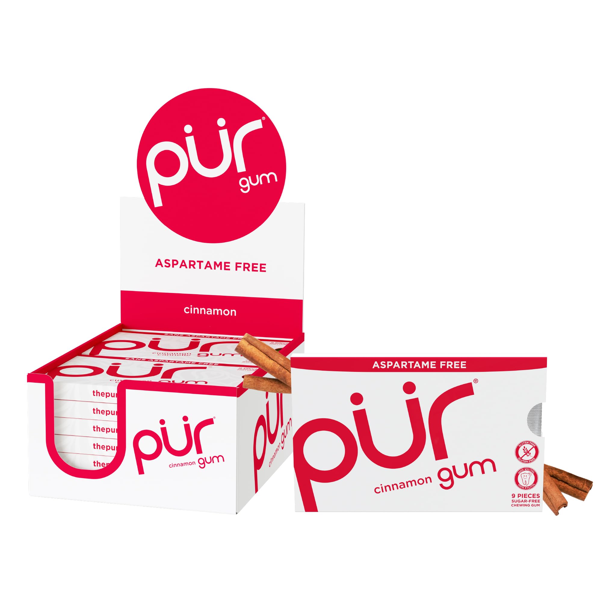 PUR Gum Cinnamon blister pack shows fiery flavor for on-the-go freshness.