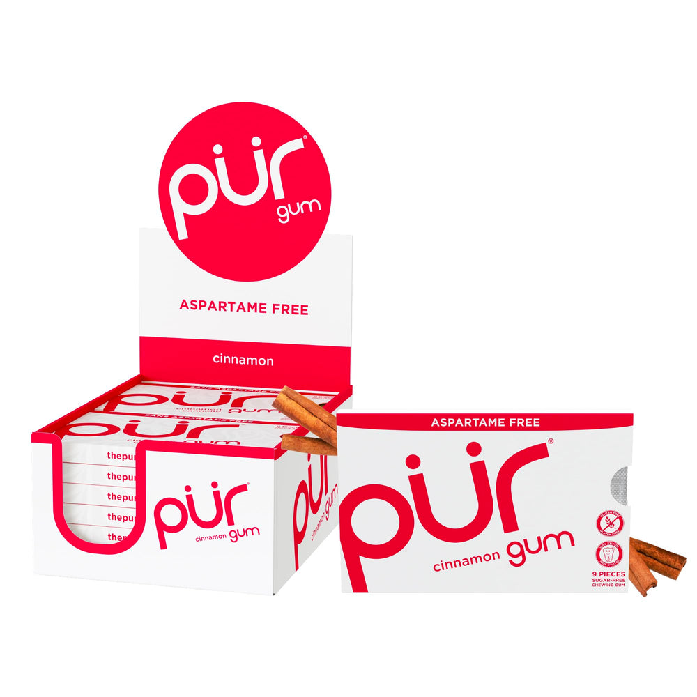 PUR Gum Cinnamon blister pack shows fiery flavor for on-the-go freshness.