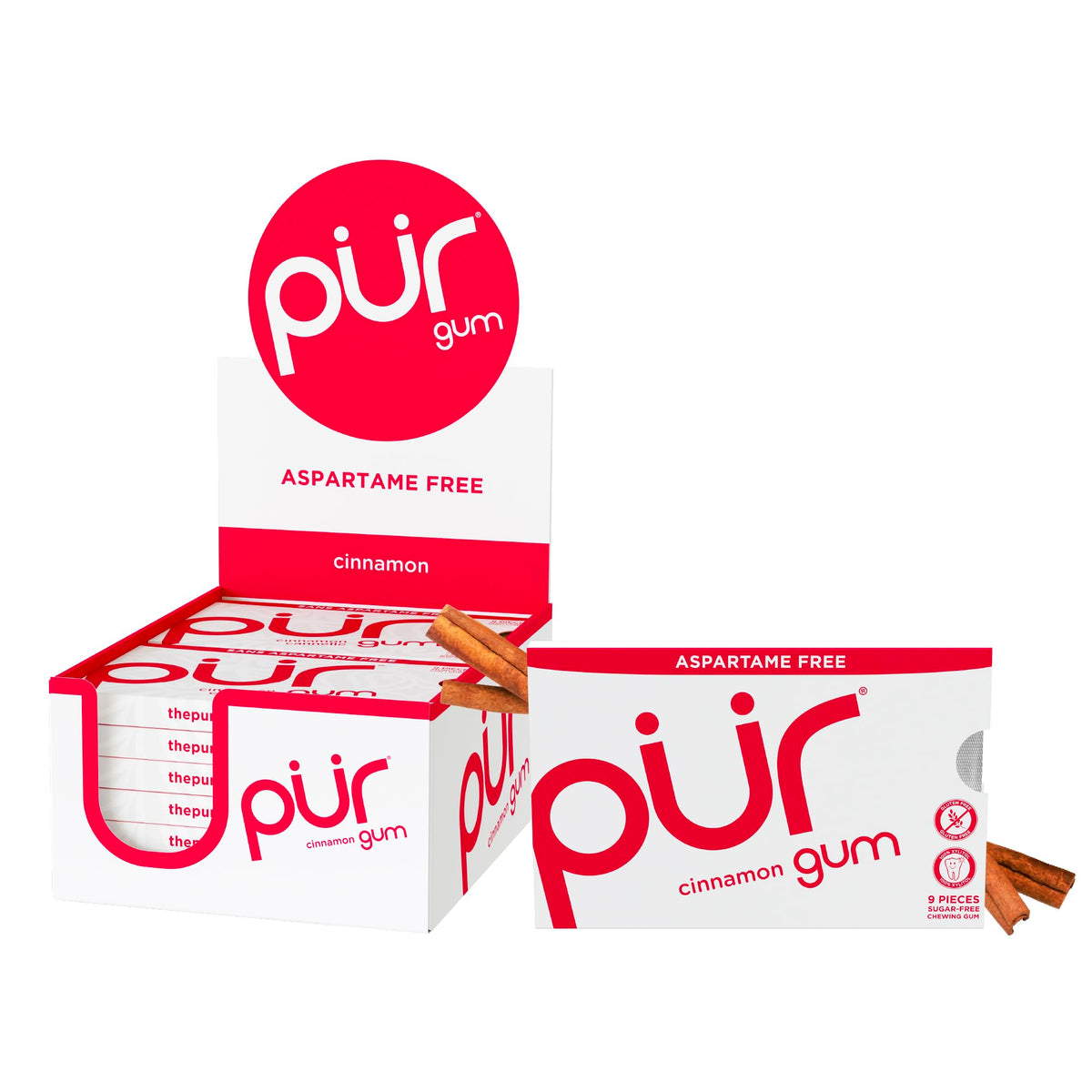 PUR Gum Cinnamon blister pack shows fiery flavor for on-the-go freshness.