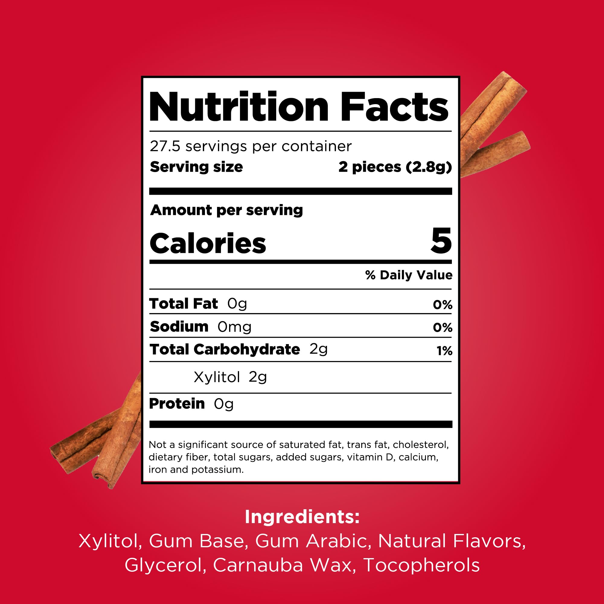 PUR Gum Cinnamon uses xylitol for a sugar-free chew with lasting freshness.