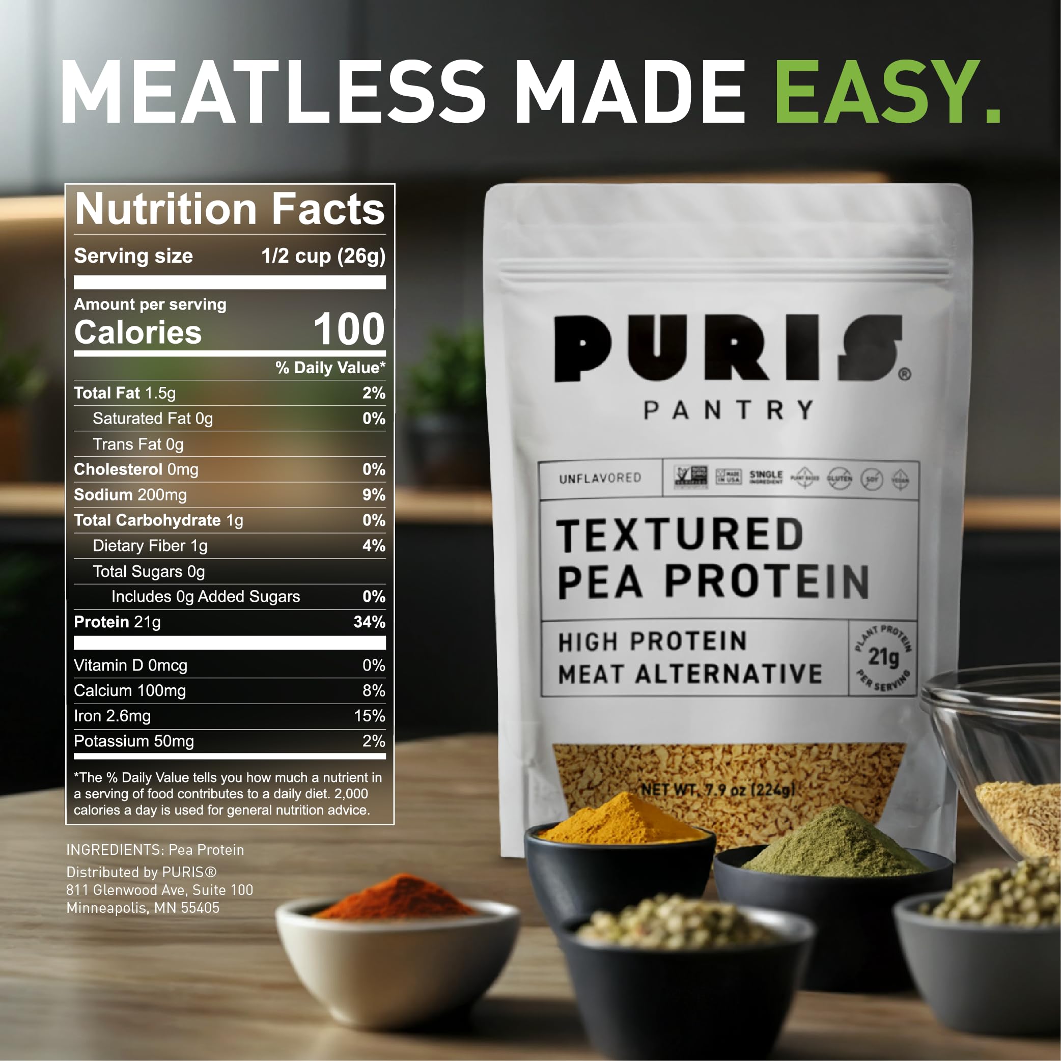 PURIS Pantry Textured Pea Protein bag closeup highlights clean-label, gluten- and soy-free protein.