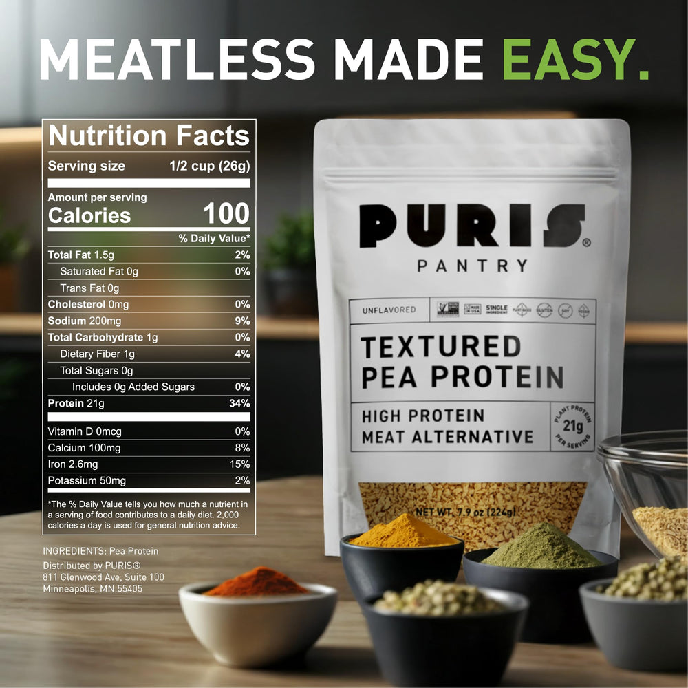 PURIS Pantry Textured Pea Protein bag closeup highlights clean-label, gluten- and soy-free protein.