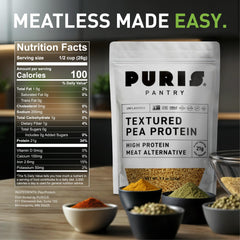 PURIS Pantry Textured Pea Protein bag closeup highlights clean-label, gluten- and soy-free protein.