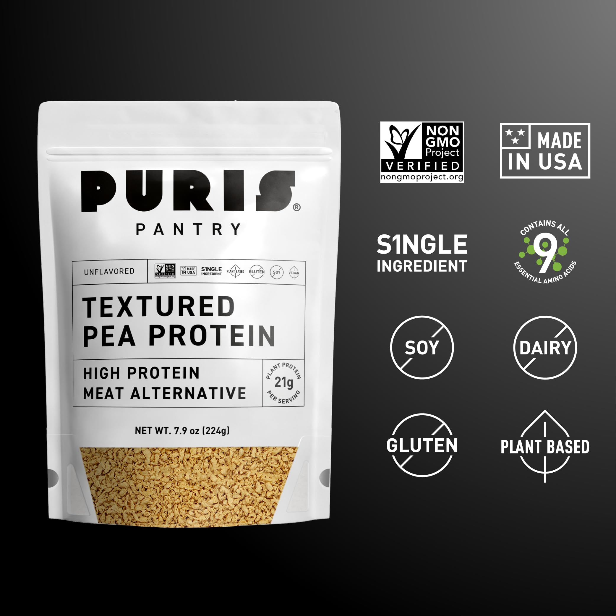 PURIS Pantry Textured Pea Protein cooking-sizzle captures quick hydration and browning for fast vegan meals.