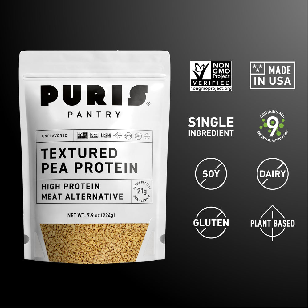 PURIS Pantry Textured Pea Protein cooking-sizzle captures quick hydration and browning for fast vegan meals.