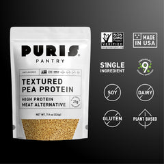 PURIS Pantry Textured Pea Protein cooking-sizzle captures quick hydration and browning for fast vegan meals.
