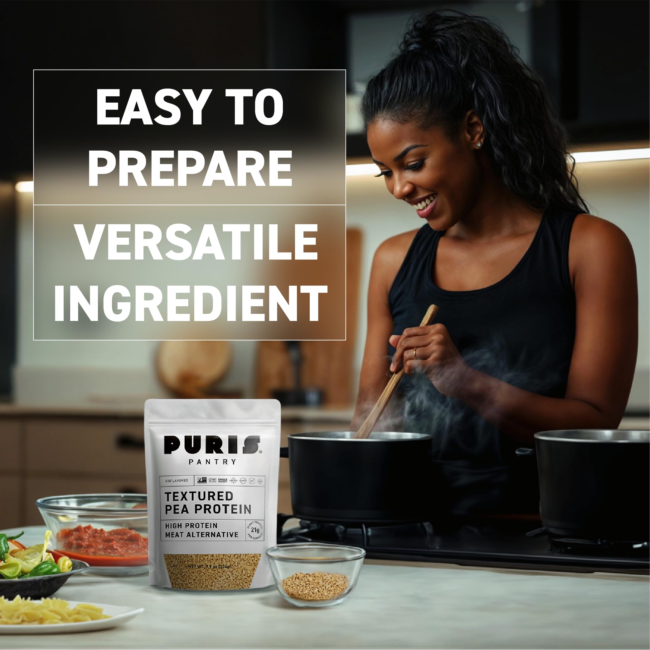 PURIS Pantry Textured Pea Protein gluten-free label supports allergen-friendly meal choices.