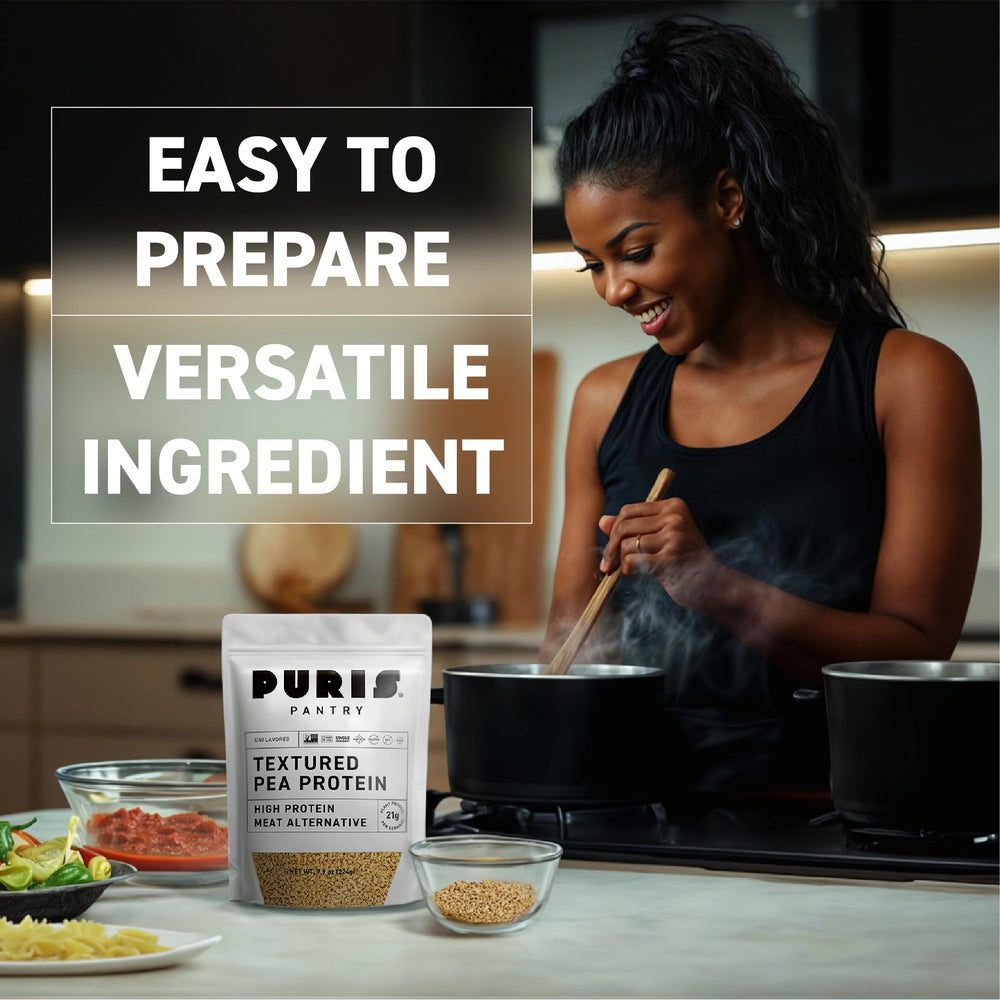 PURIS Pantry Textured Pea Protein gluten-free label supports allergen-friendly meal choices.