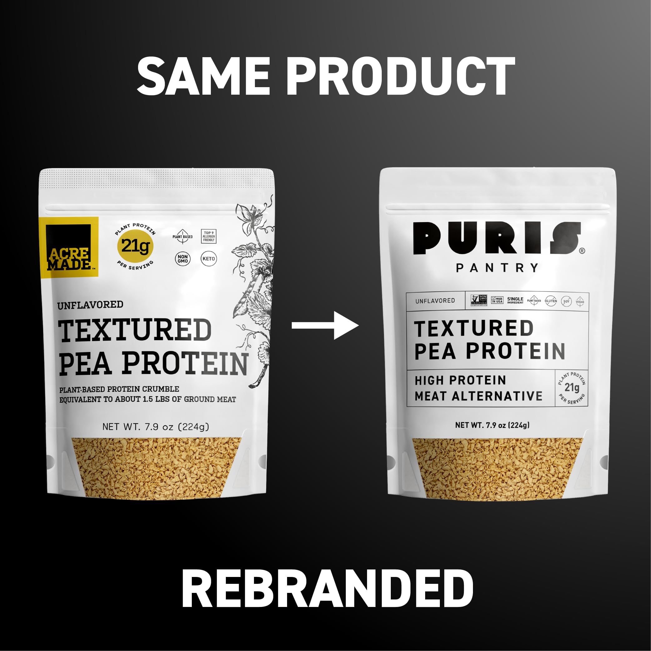 PURIS Pantry Textured Pea Protein high-protein crumbs show gluten-free breadcrumb option.