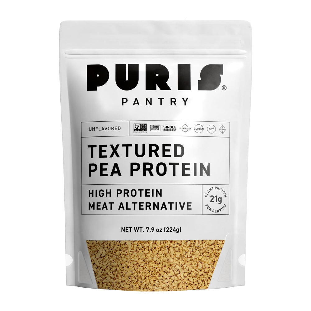 PURIS Pantry Textured Pea Protein pour shows a versatile, protein-rich base for plant-based meals.