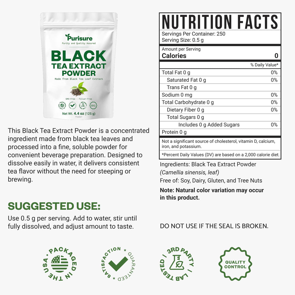 Purisure Instant Black Tea Powder dissolving in a glass demonstrating quick, smooth mixing.