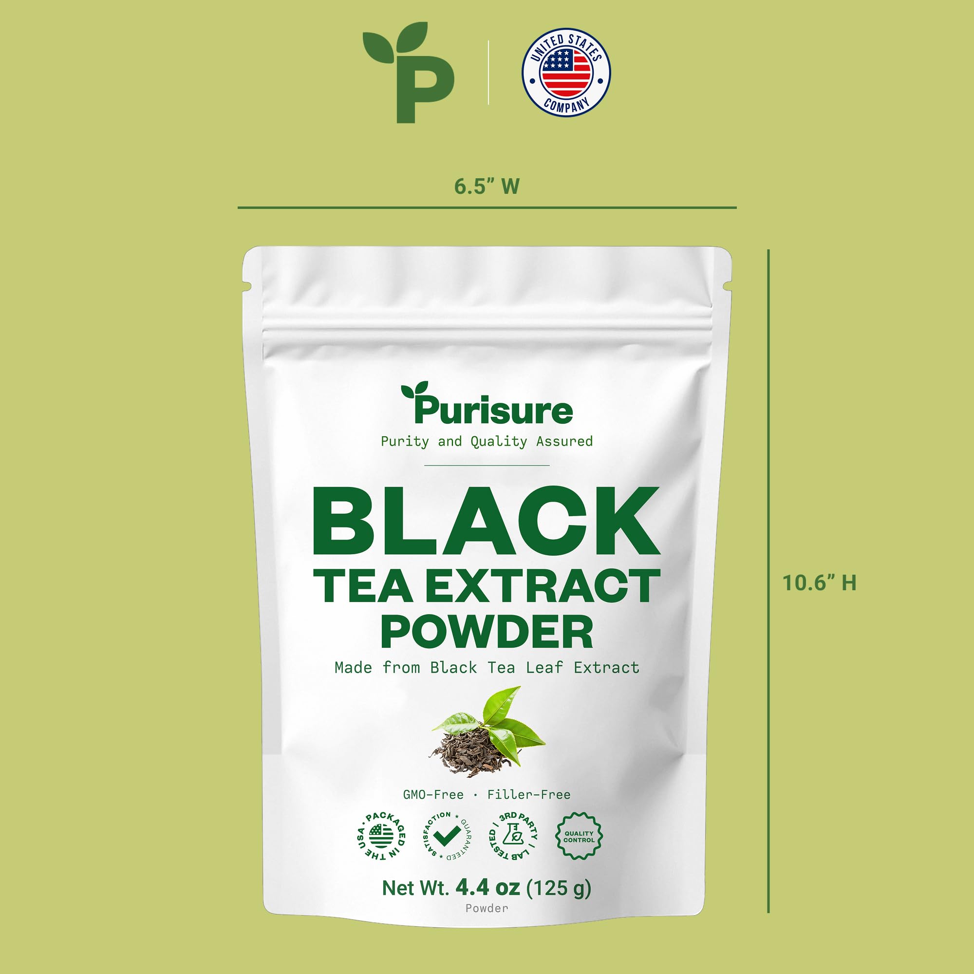 Purisure Instant Black Tea Powder label emphasizes no artificial additives and purity.