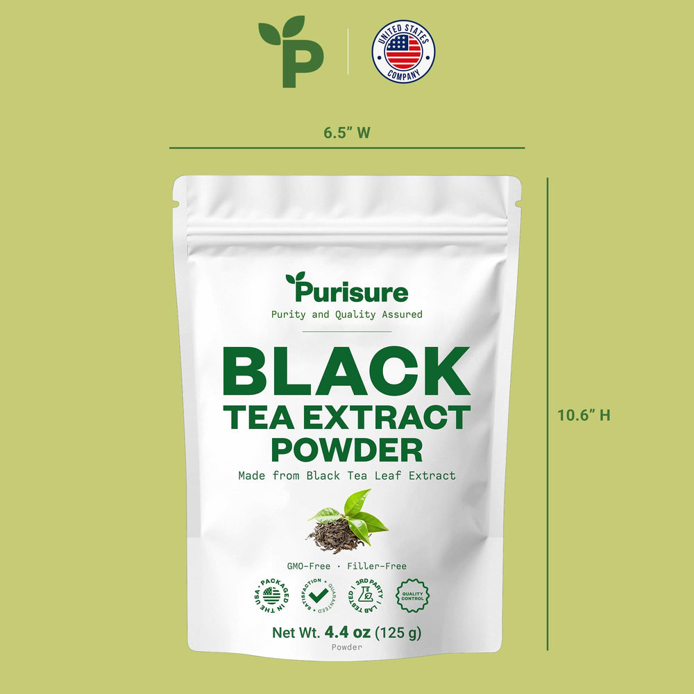 Purisure Instant Black Tea Powder label emphasizes no artificial additives and purity.