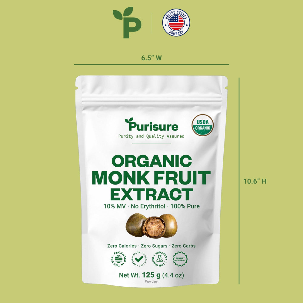 Purisure Organic Monk Fruit Extract close-up label emphasizes vegan-friendly, non-GMO sourcing.