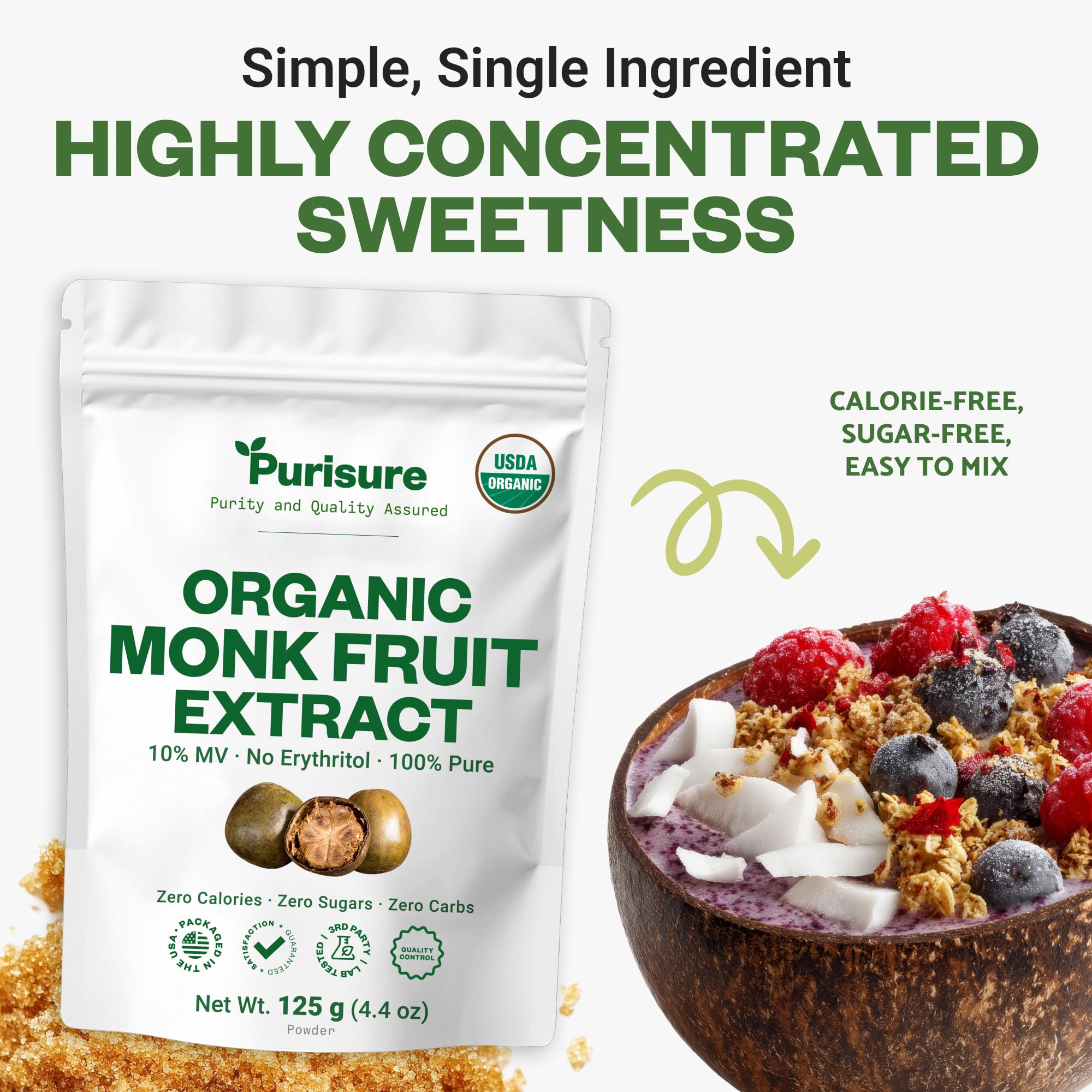 Purisure Organic Monk Fruit nutrition panel showcases calorie-free sweetness for mindful diets.