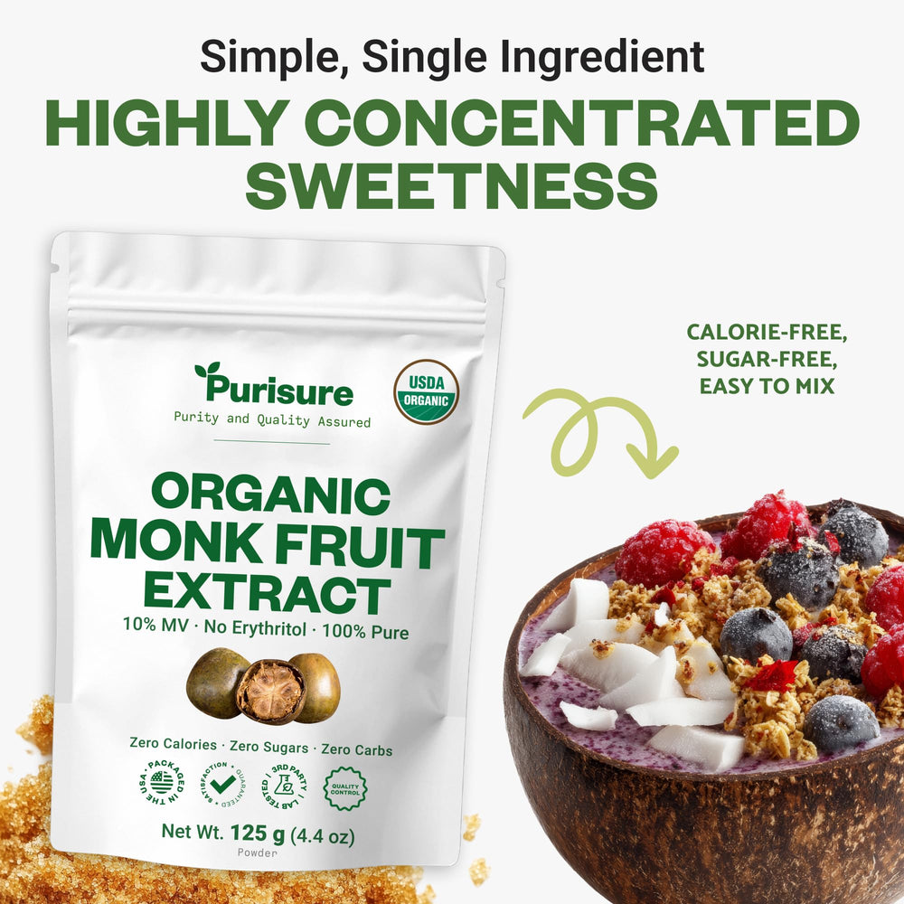 Purisure Organic Monk Fruit nutrition panel showcases calorie-free sweetness for mindful diets.