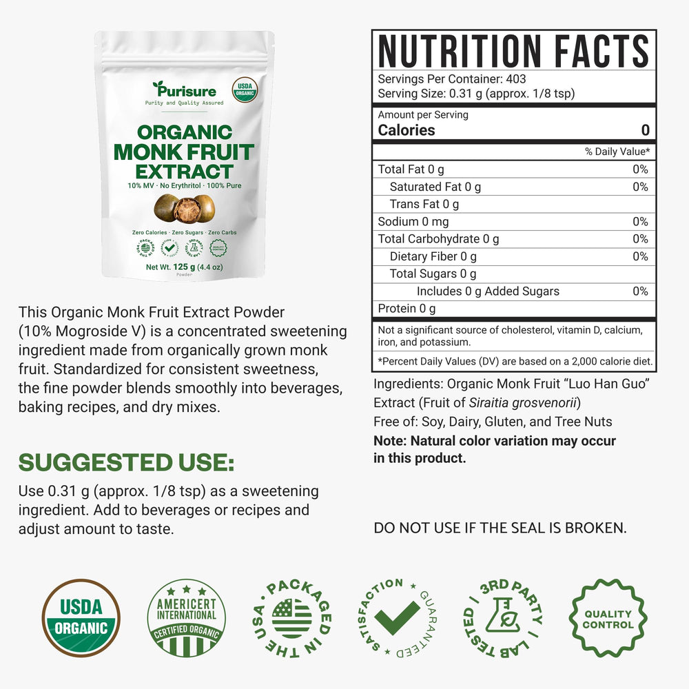 Purisure Organic Monk Fruit Extract packaging label highlights organic, no fillers, vegan-friendly sweetness.