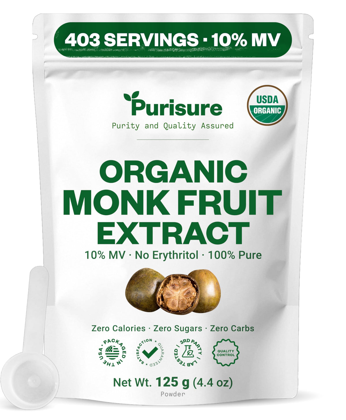 Purisure Organic Monk Fruit Extract Powder jar shows zero-calorie sweetness for keto recipes.