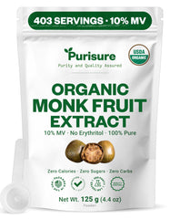 Purisure Organic Monk Fruit Extract Powder jar shows zero-calorie sweetness for keto recipes.