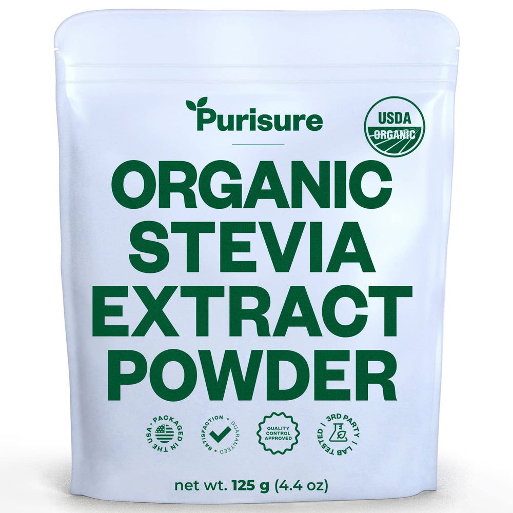 Purisure organic stevia powder jar shows pure extract for zero-calorie sweetness.