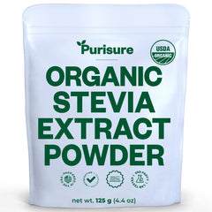 Purisure organic stevia powder jar shows pure extract for zero-calorie sweetness.