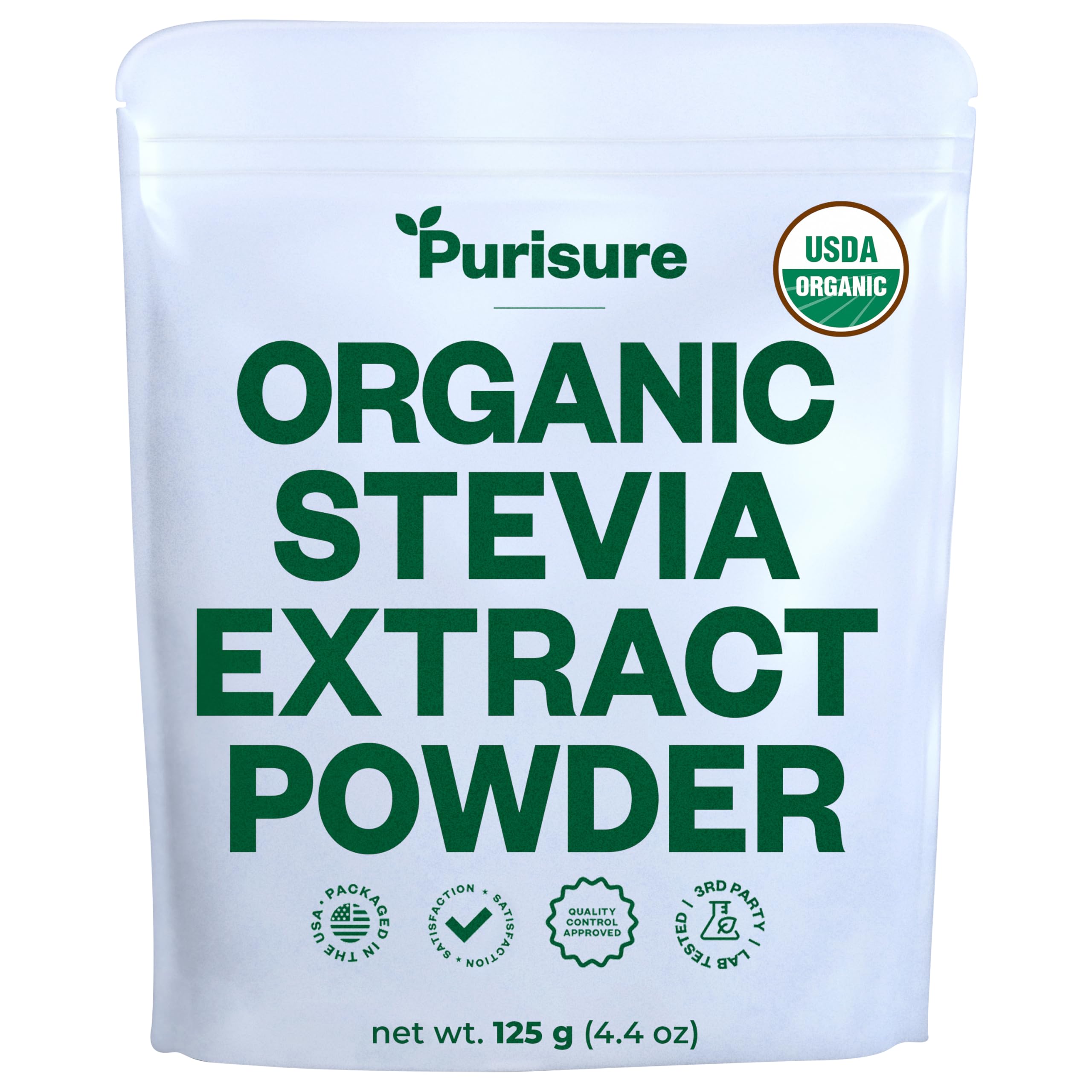 Purisure Organic Stevia Powder bottle close-up shows pure, zero-calorie sweetness for beverages