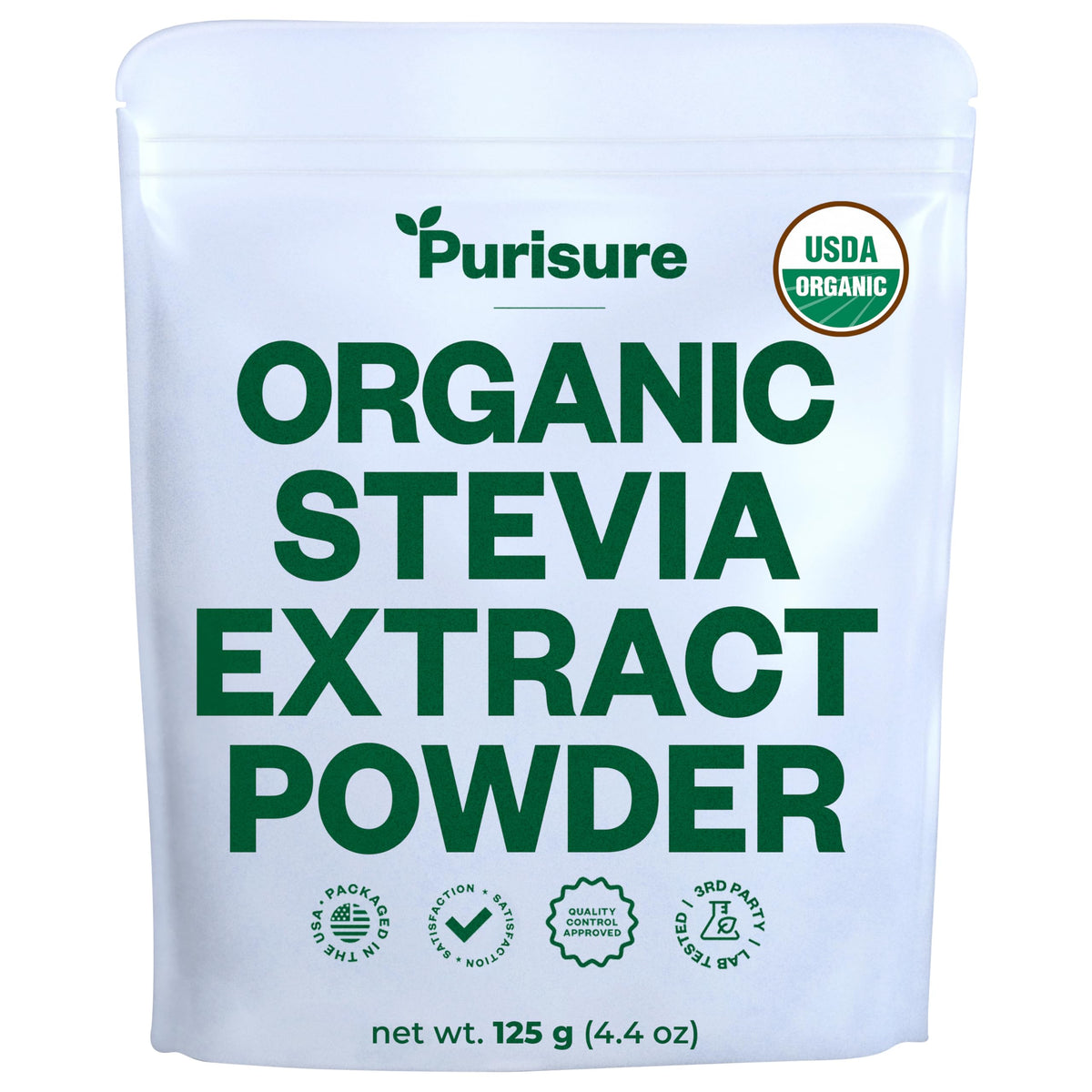Purisure Organic Stevia Powder bottle close-up shows pure, zero-calorie sweetness for beverages