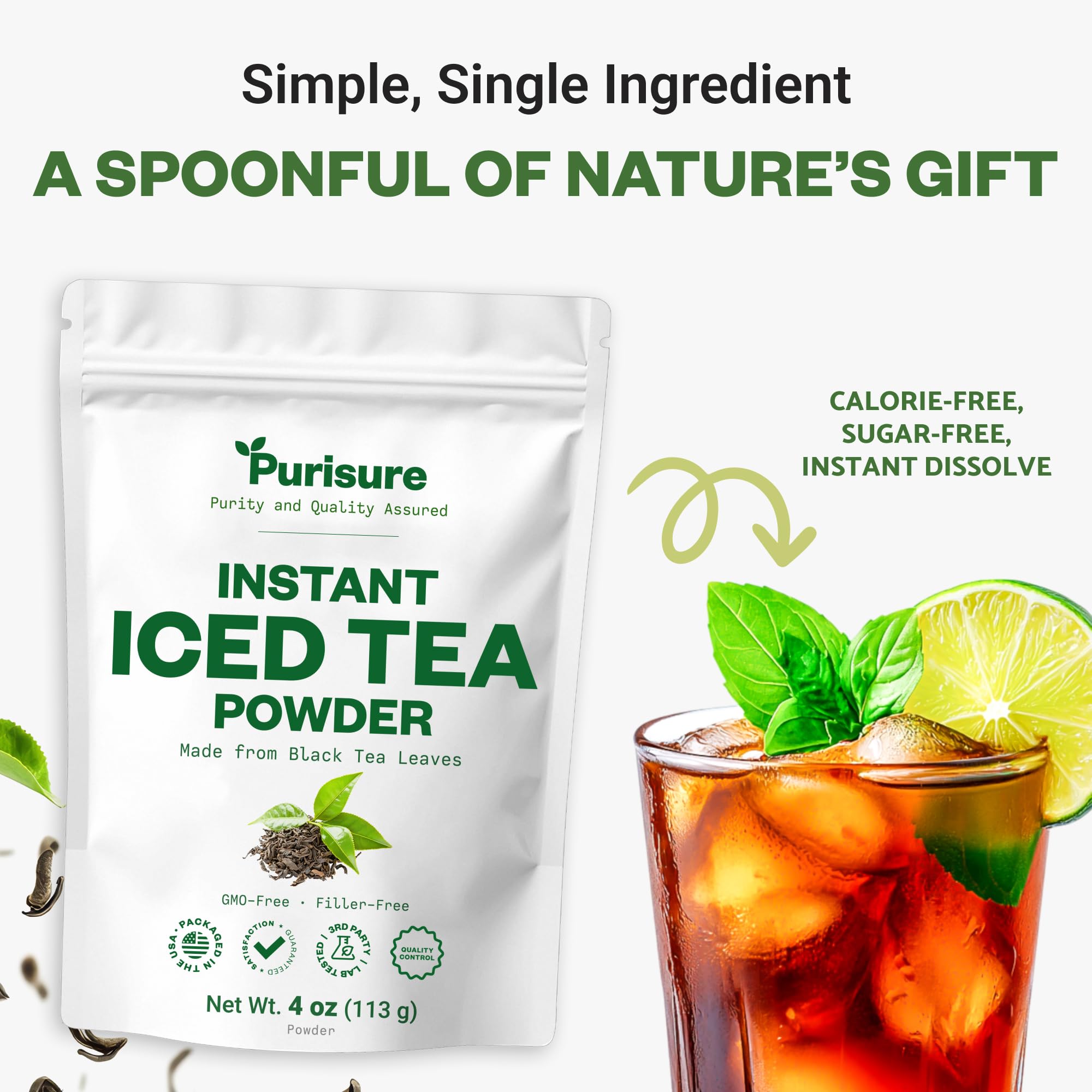 Purisure Real Black Tea Powder 4oz pouch indicating value and servings