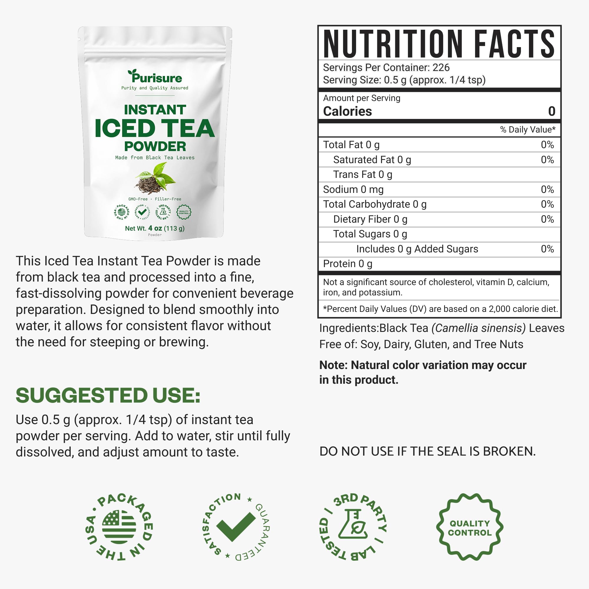 Purisure Real Black Tea Powder pours into glass for instant iced tea