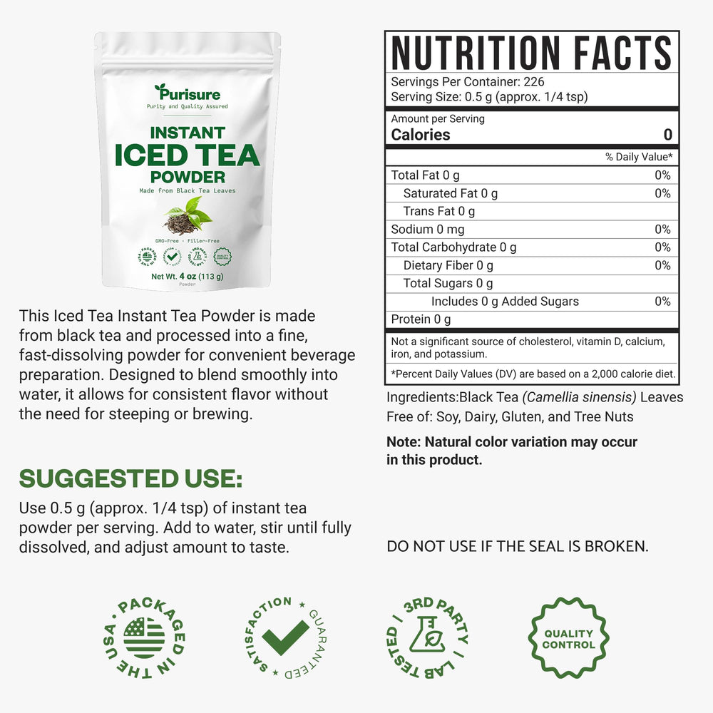 Purisure Real Black Tea Powder pours into glass for instant iced tea