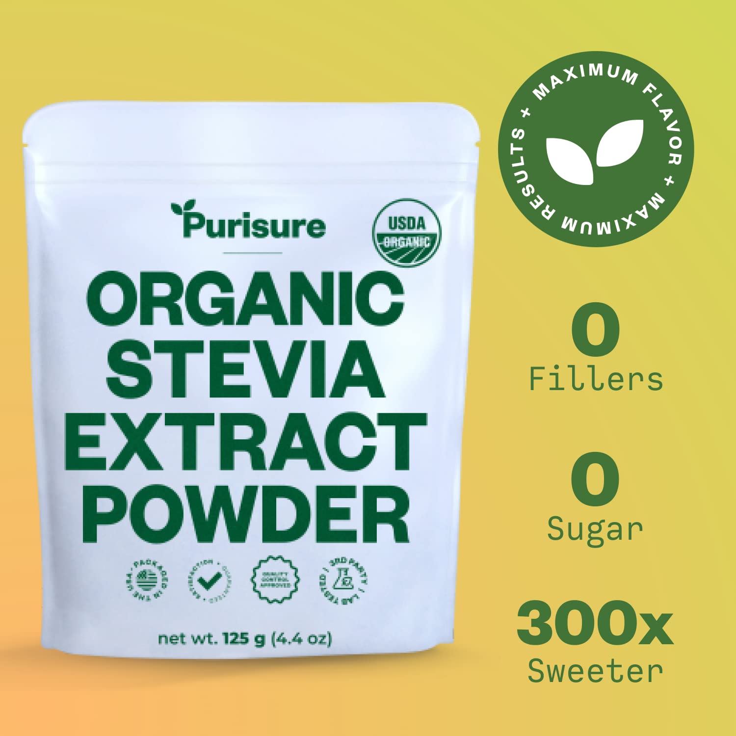 Purisure stevia powder in coffee cup shows sugar-free sweetness without aftertaste.