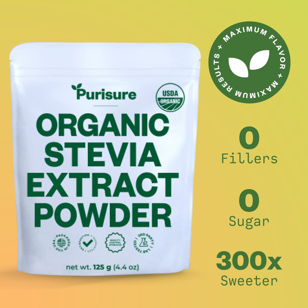 Purisure stevia powder in coffee cup shows sugar-free sweetness without aftertaste.
