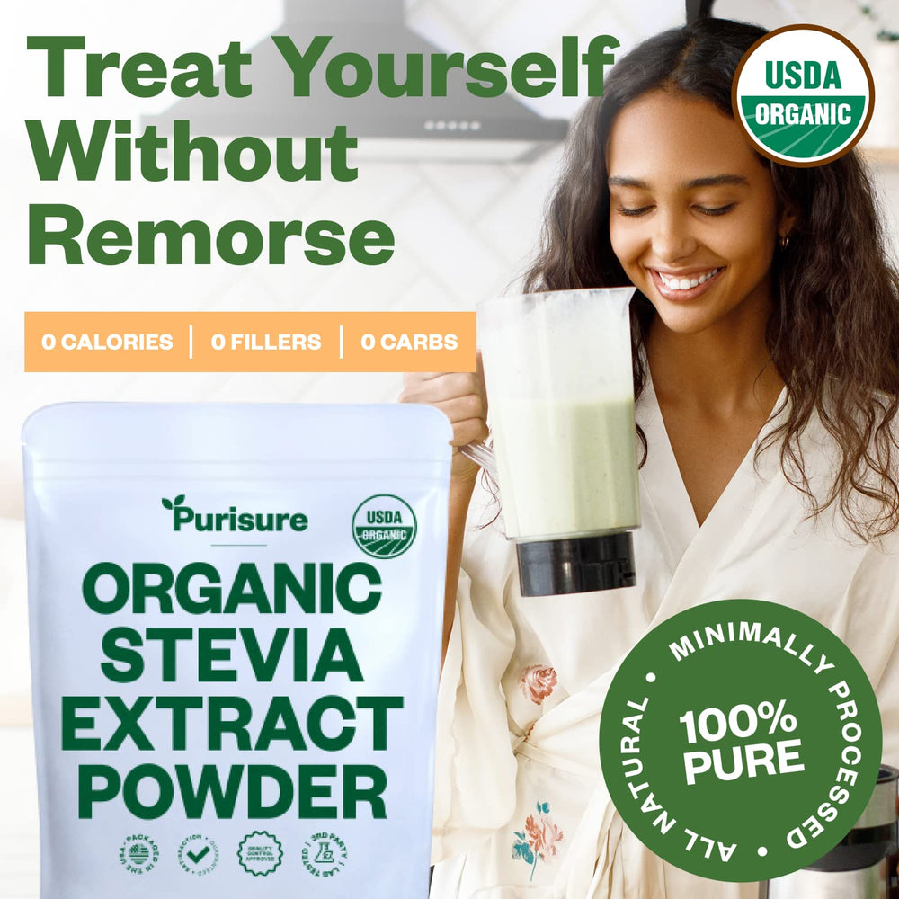 Purisure stevia powder packaging illustrates convenient, long-lasting dietary sweetener.