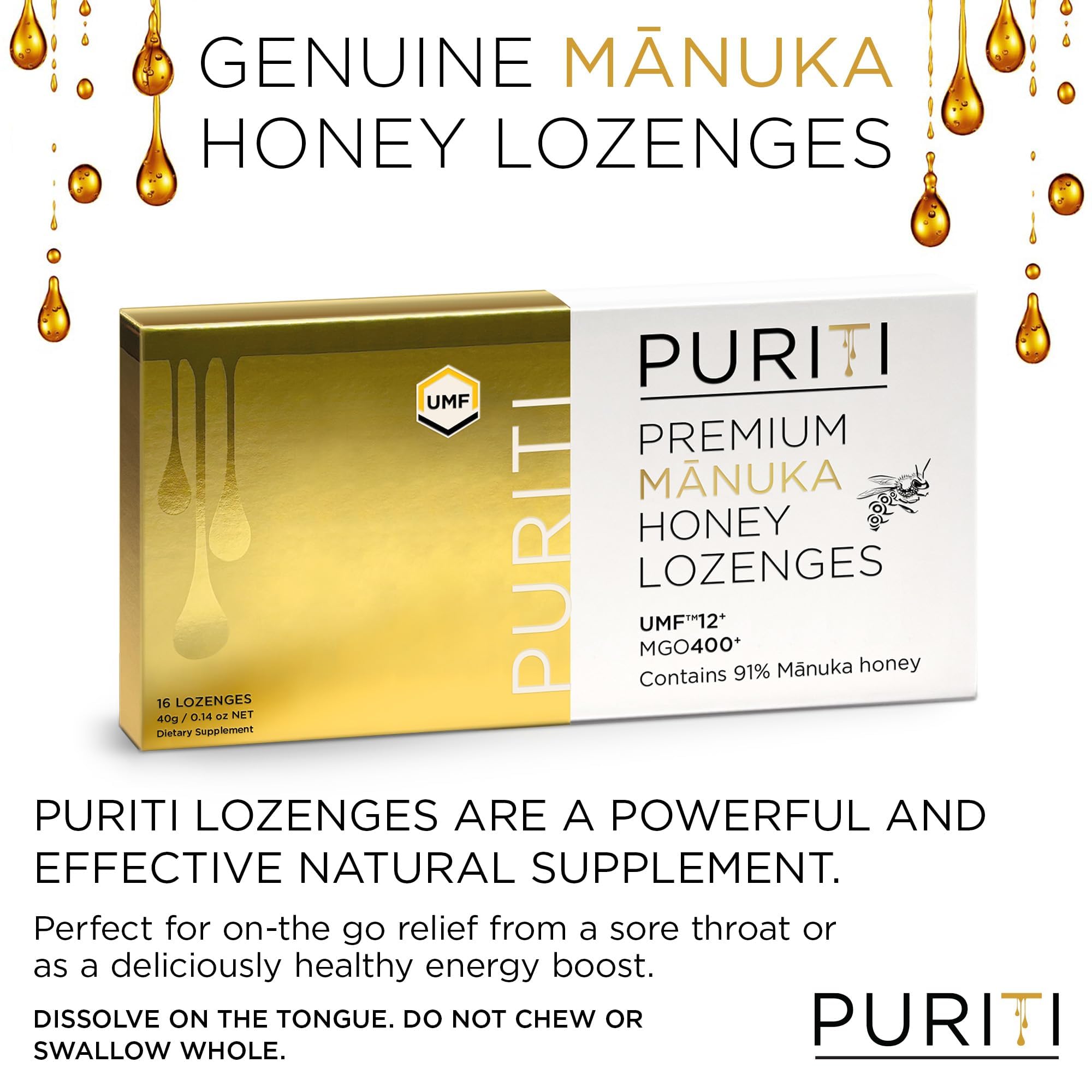 PURITI lozenge melts in the mouth for soothing relief.