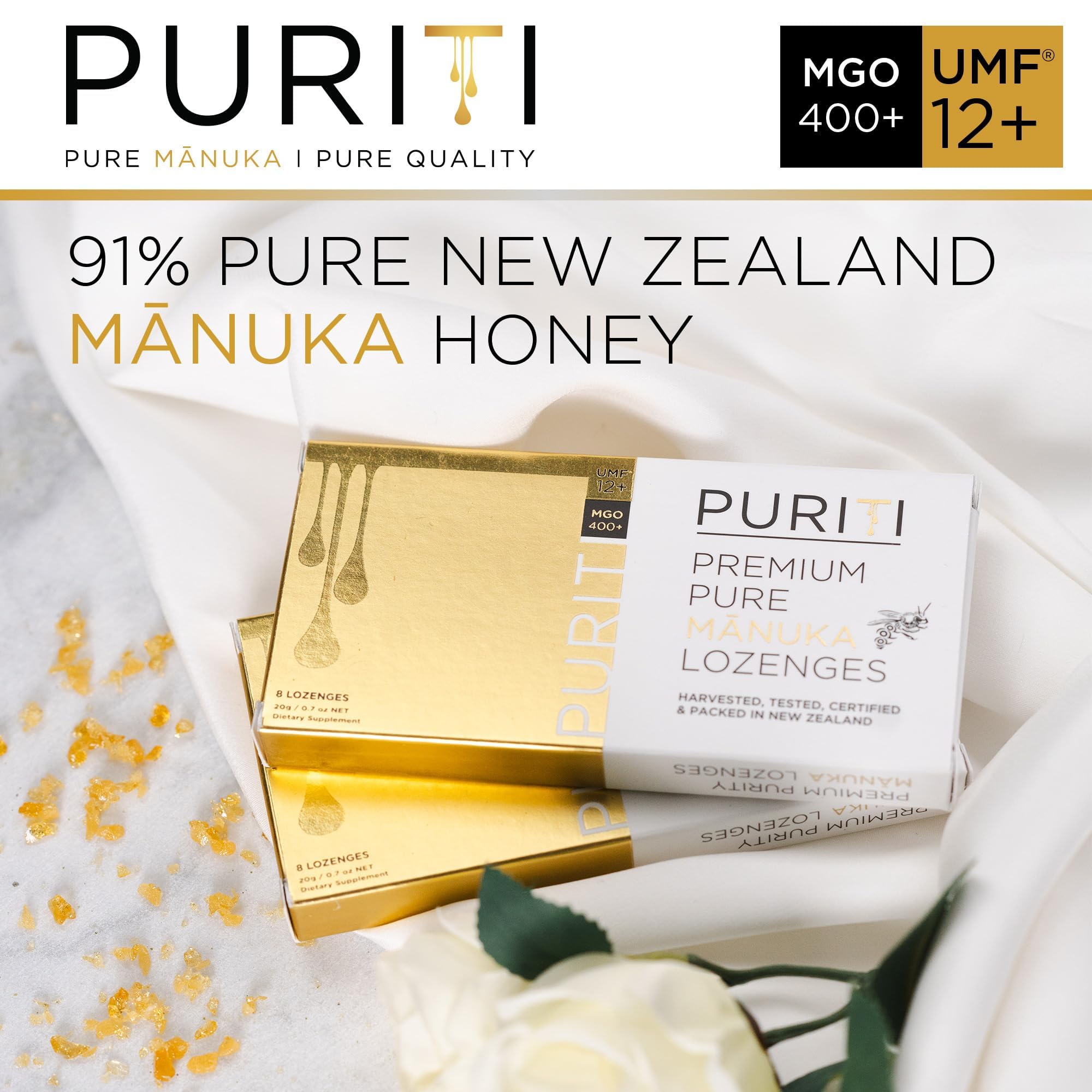 Close-up of PURITI lozenges texture reveals Manuka flavor.
