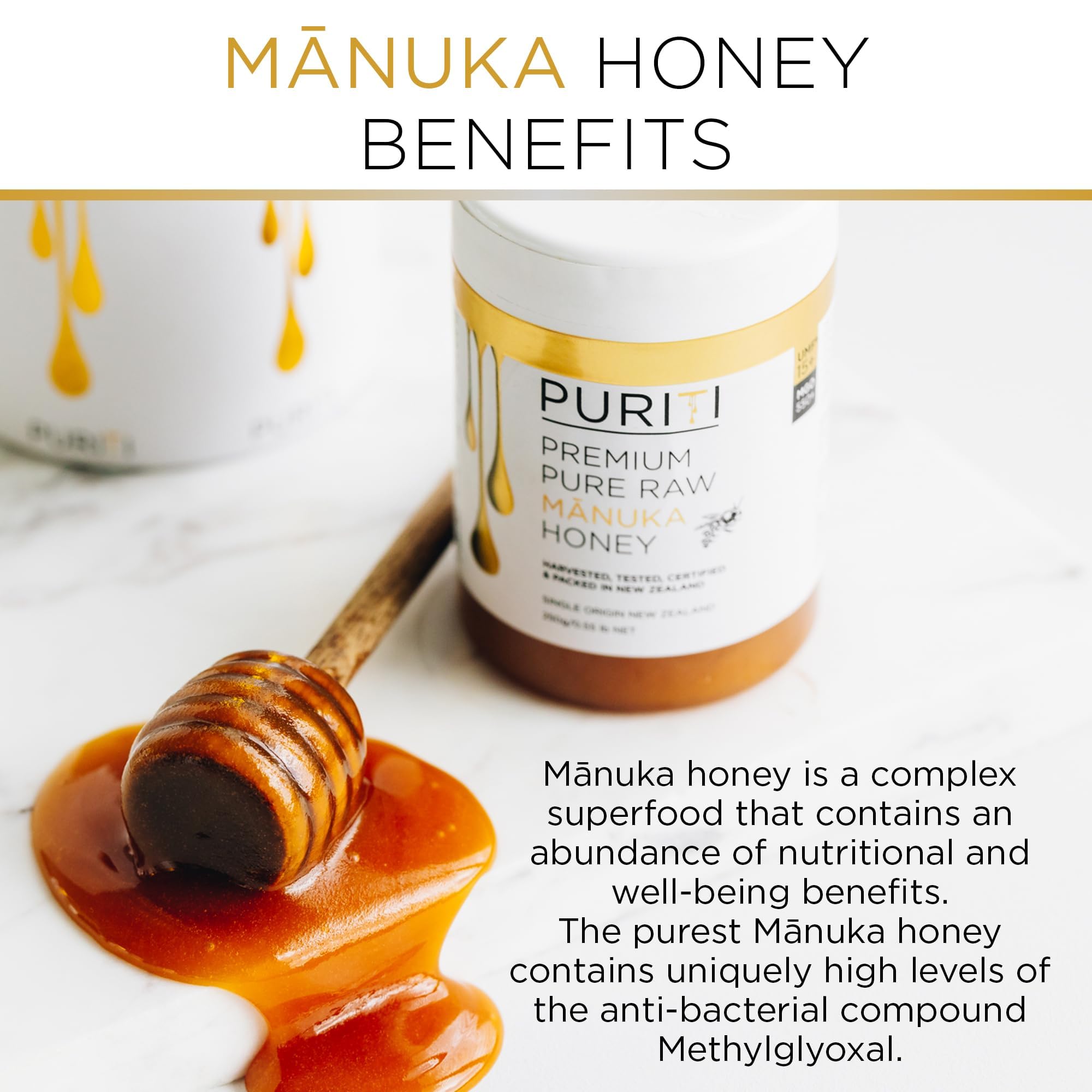New Zealand origin map highlights Puriti Manuka sourcing.
