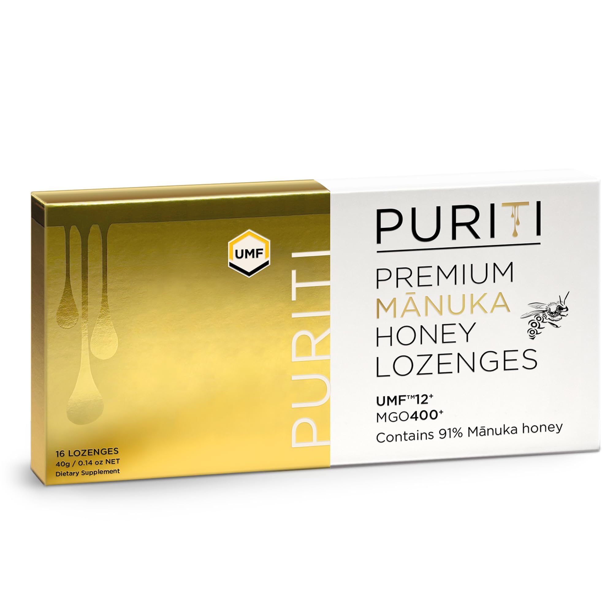 PURITI Premium Manuka Lozenges packaging highlights New Zealand honey for on-the-go relief.