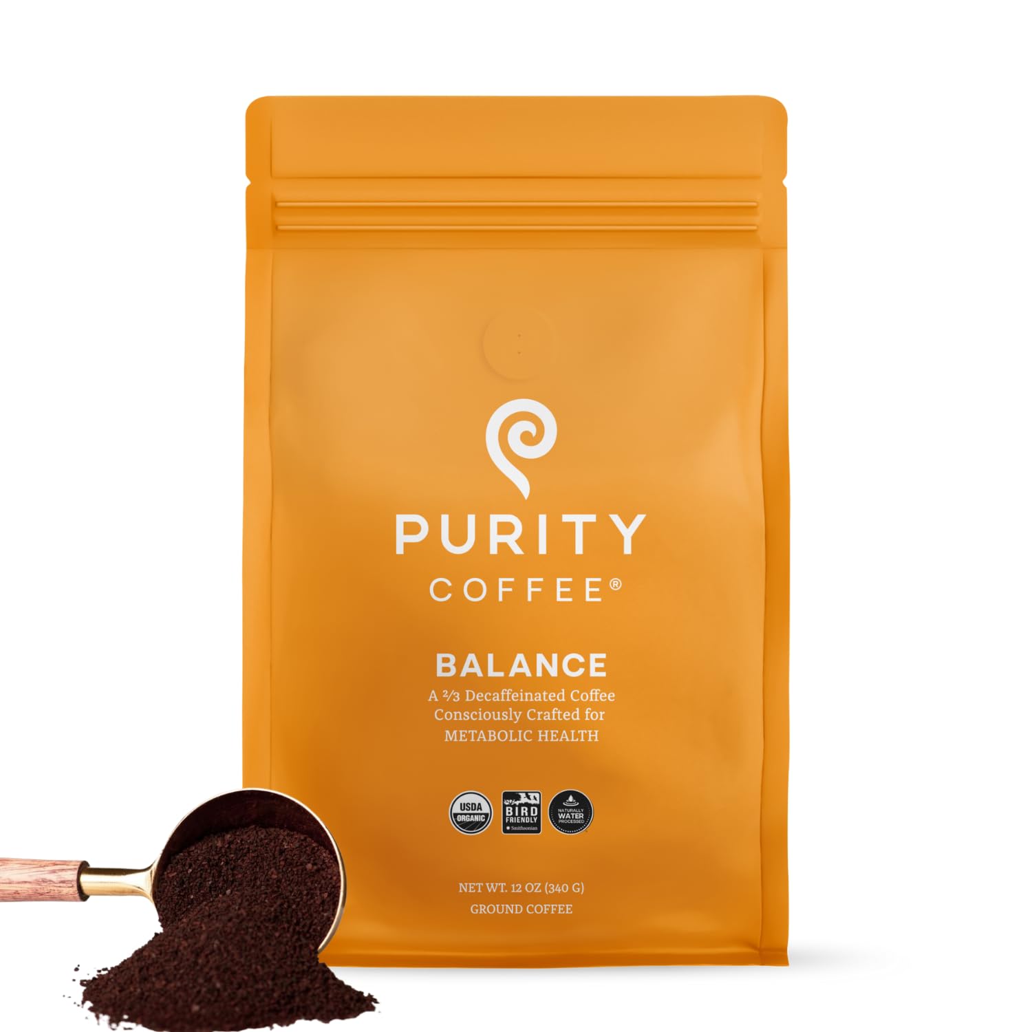 Purity Coffee BALANCE 2/3 Decaf bag shows rich aroma and balanced flavor.