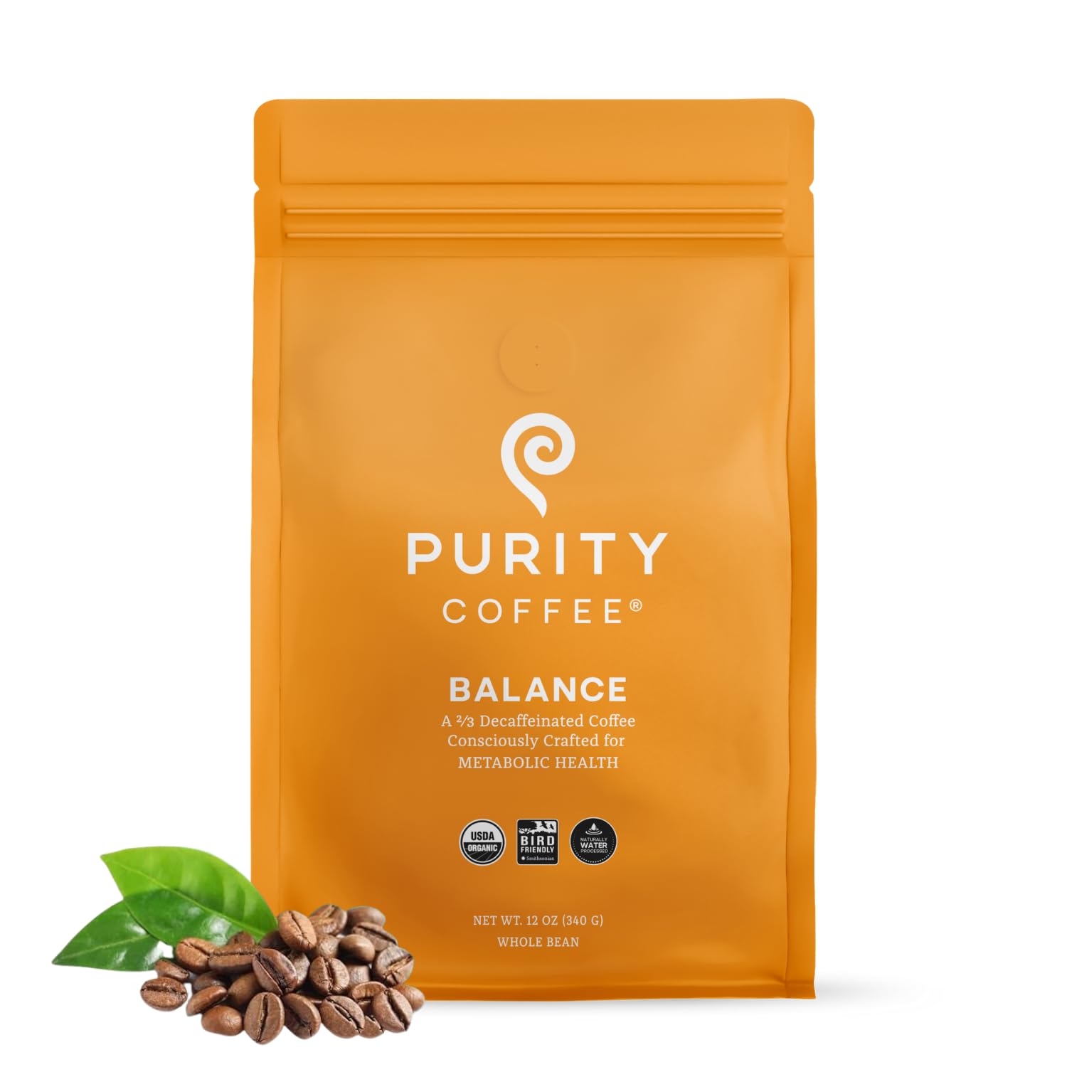 Purity Coffee BALANCE bag 12 oz shows premium organic beans for a balanced caffeine option.
