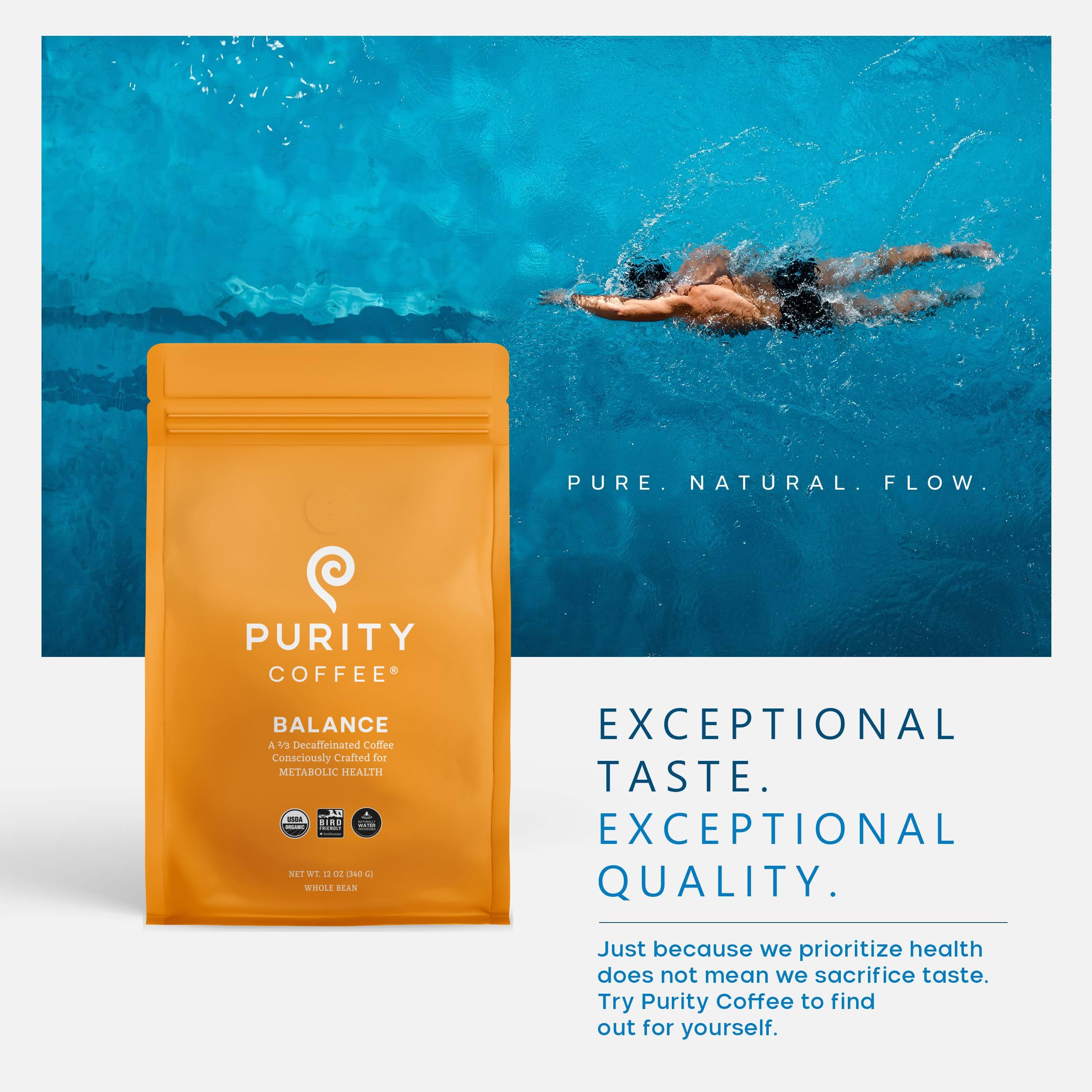 Purity Coffee BALANCE certifications rainforest-bird-friendly tag signals sustainable farming.