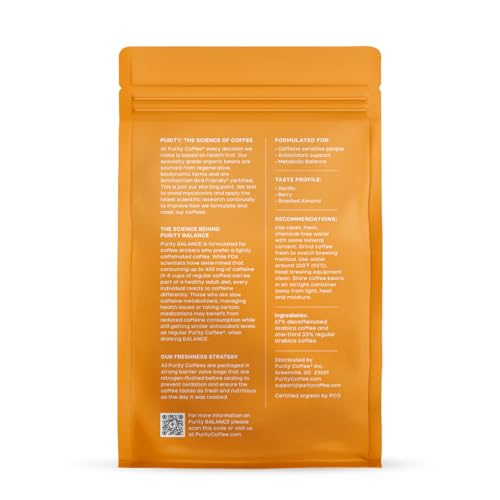 Purity Coffee BALANCE ground coffee in cup highlighting smooth taste with low caffeine.