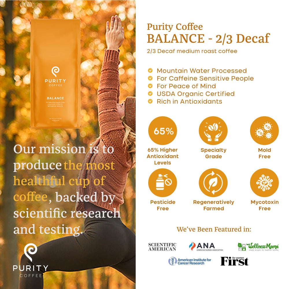 Purity Coffee BALANCE Mountain Water decaf process banner emphasizes clean beans.