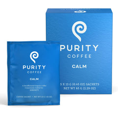 Purity Coffee CALM decaf box shot emphasizes aroma-preserving process for smooth flavor.