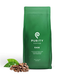 Purity Coffee EASE low acid dark roast bag with rich aroma and smooth digestion promise.