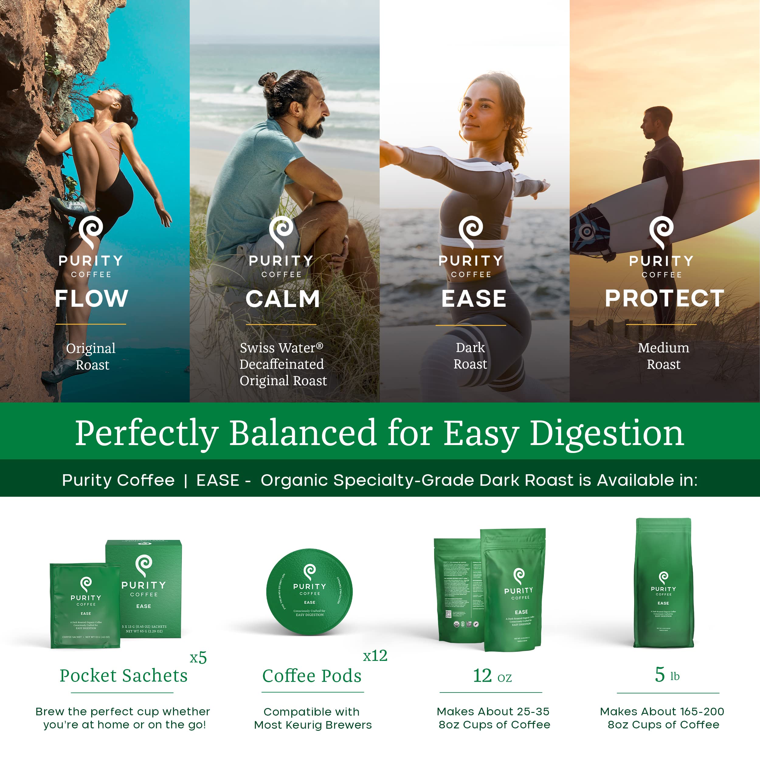 Purity Coffee EASE nitrogen-flushed packaging preserves freshness.