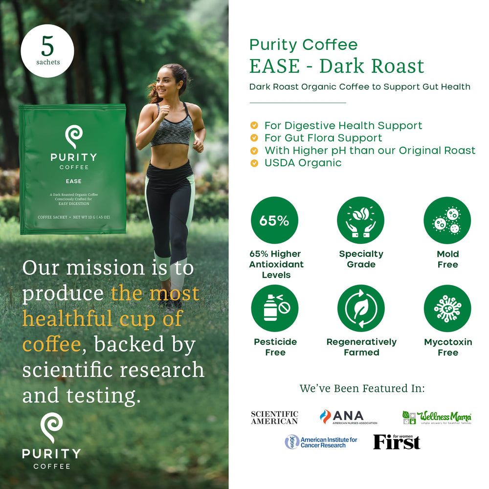 Purity Coffee EASE organic certifications label on packaging.