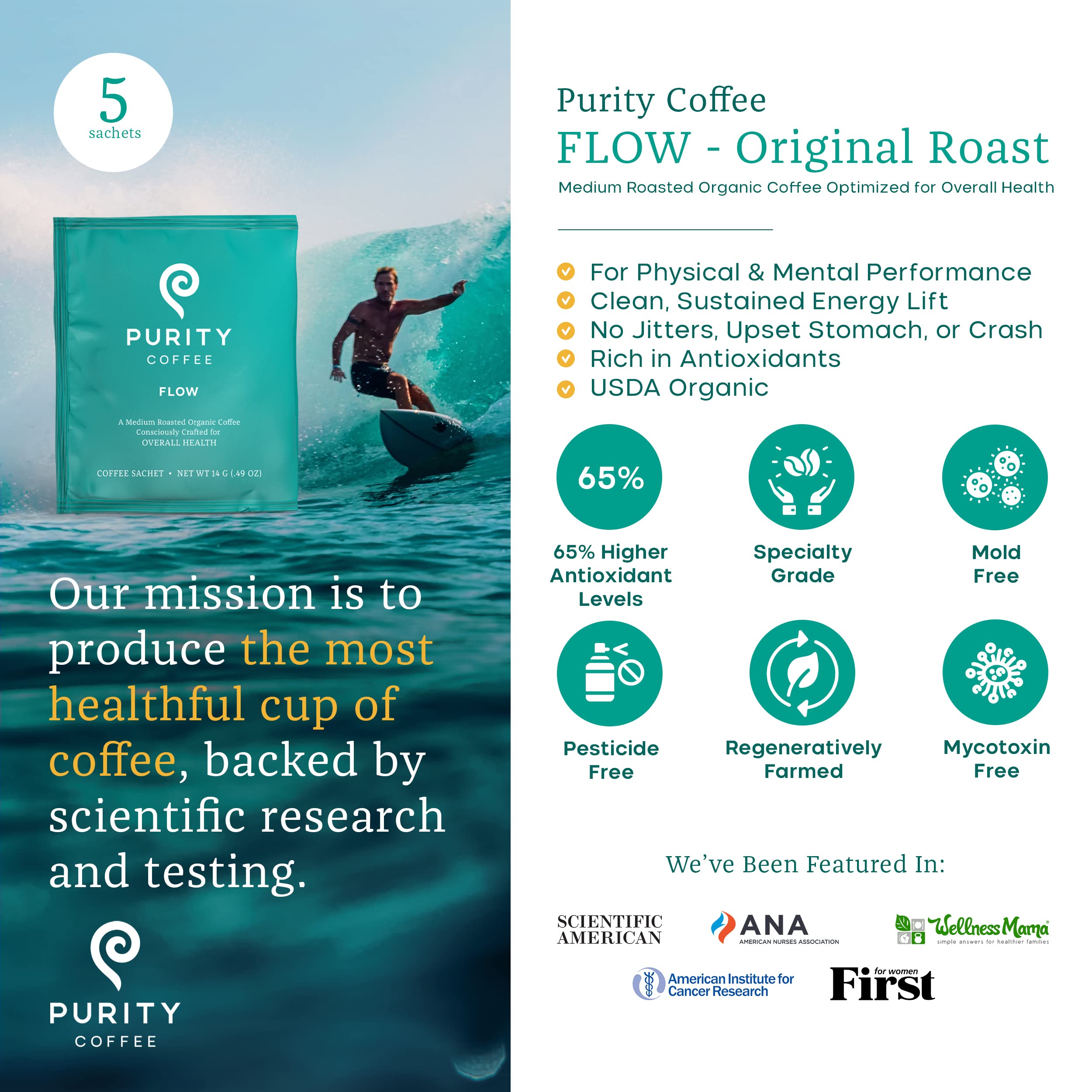 Purity Coffee FLOW brewed cup showing a smooth medium roast profile.