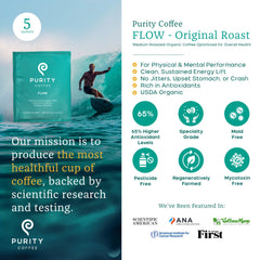 Purity Coffee FLOW brewed cup showing a smooth medium roast profile.