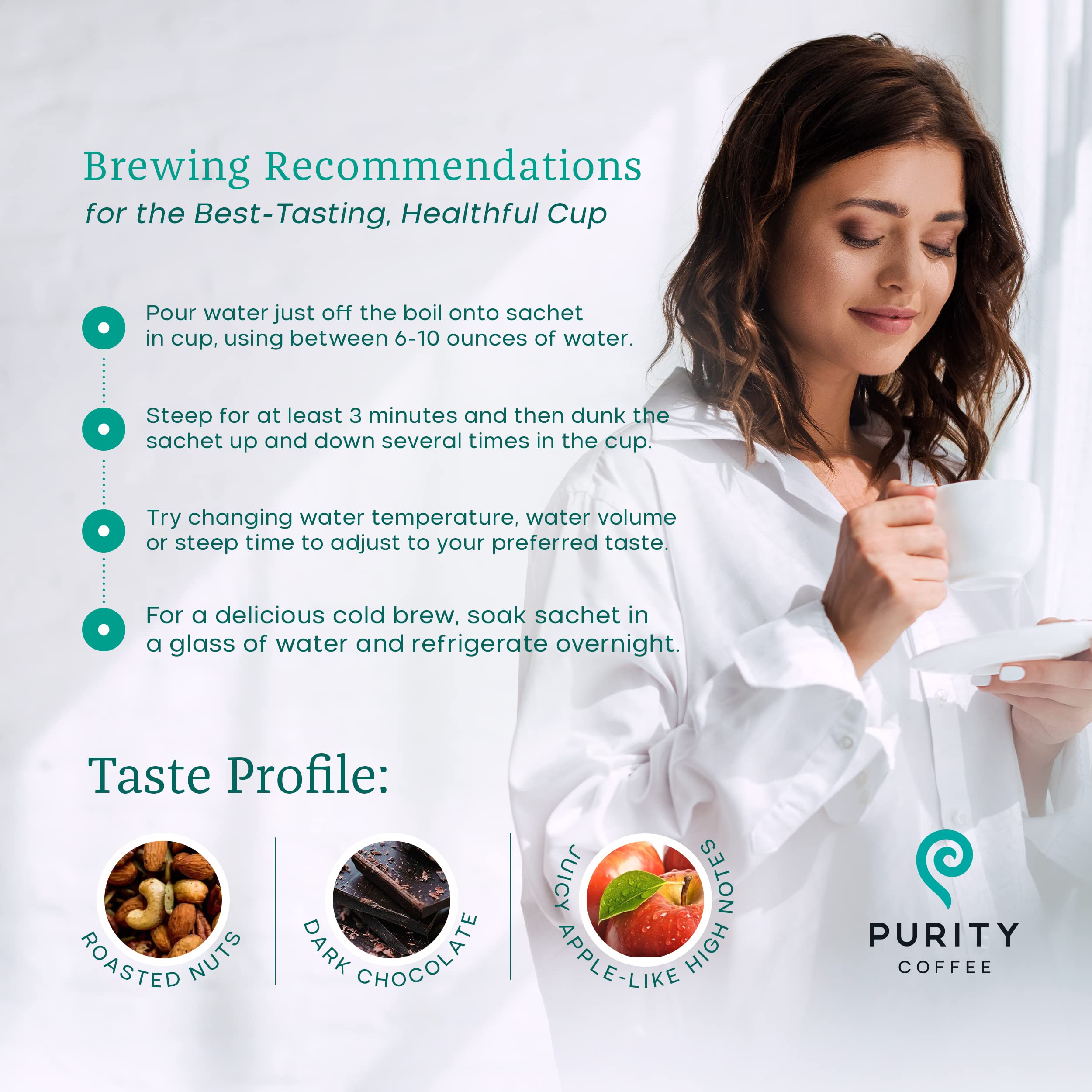 Purity Coffee FLOW certification badges highlight organic and sustainable sourcing.