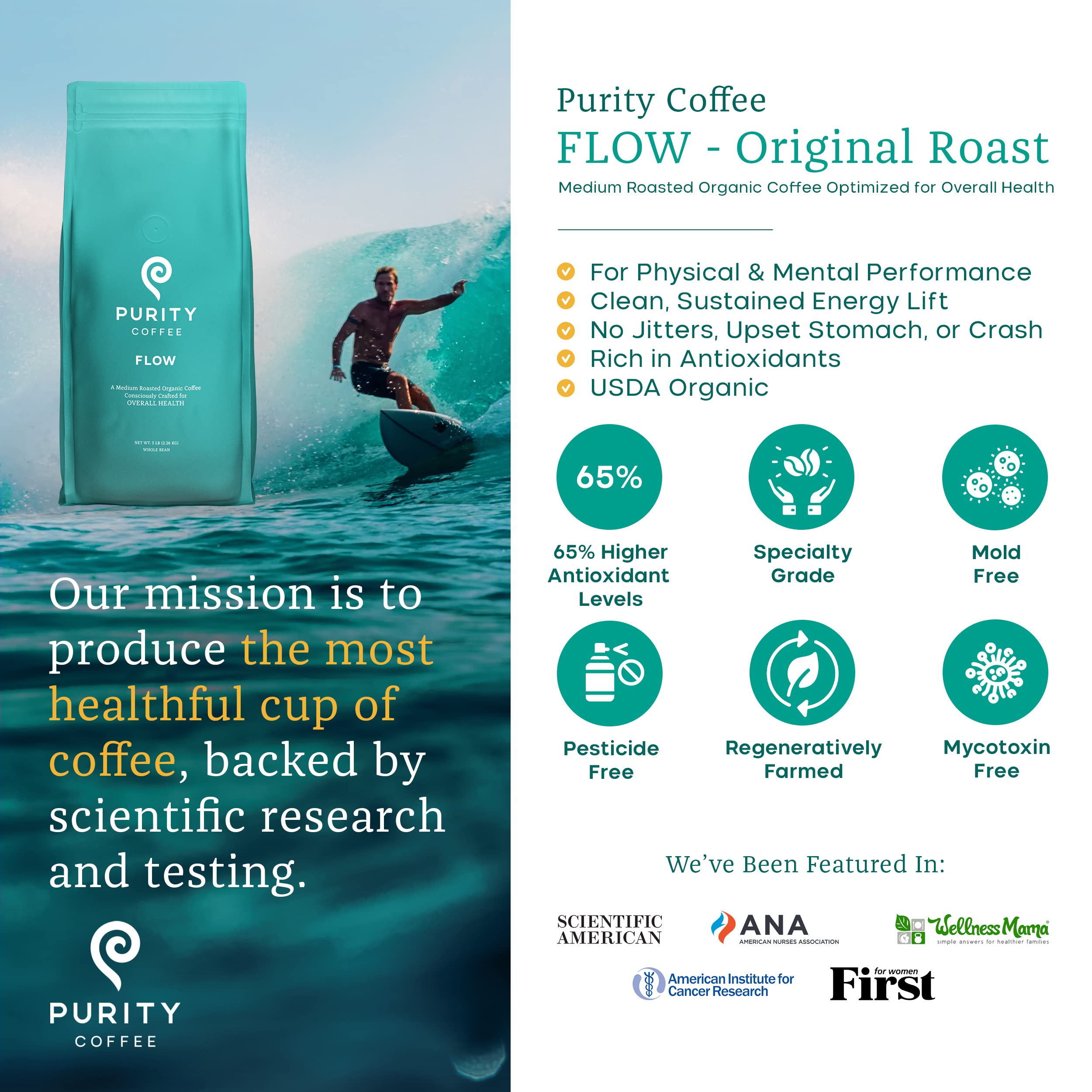 Purity Coffee FLOW Organic Certifications labels indicate eco-friendly sourcing and standards.
